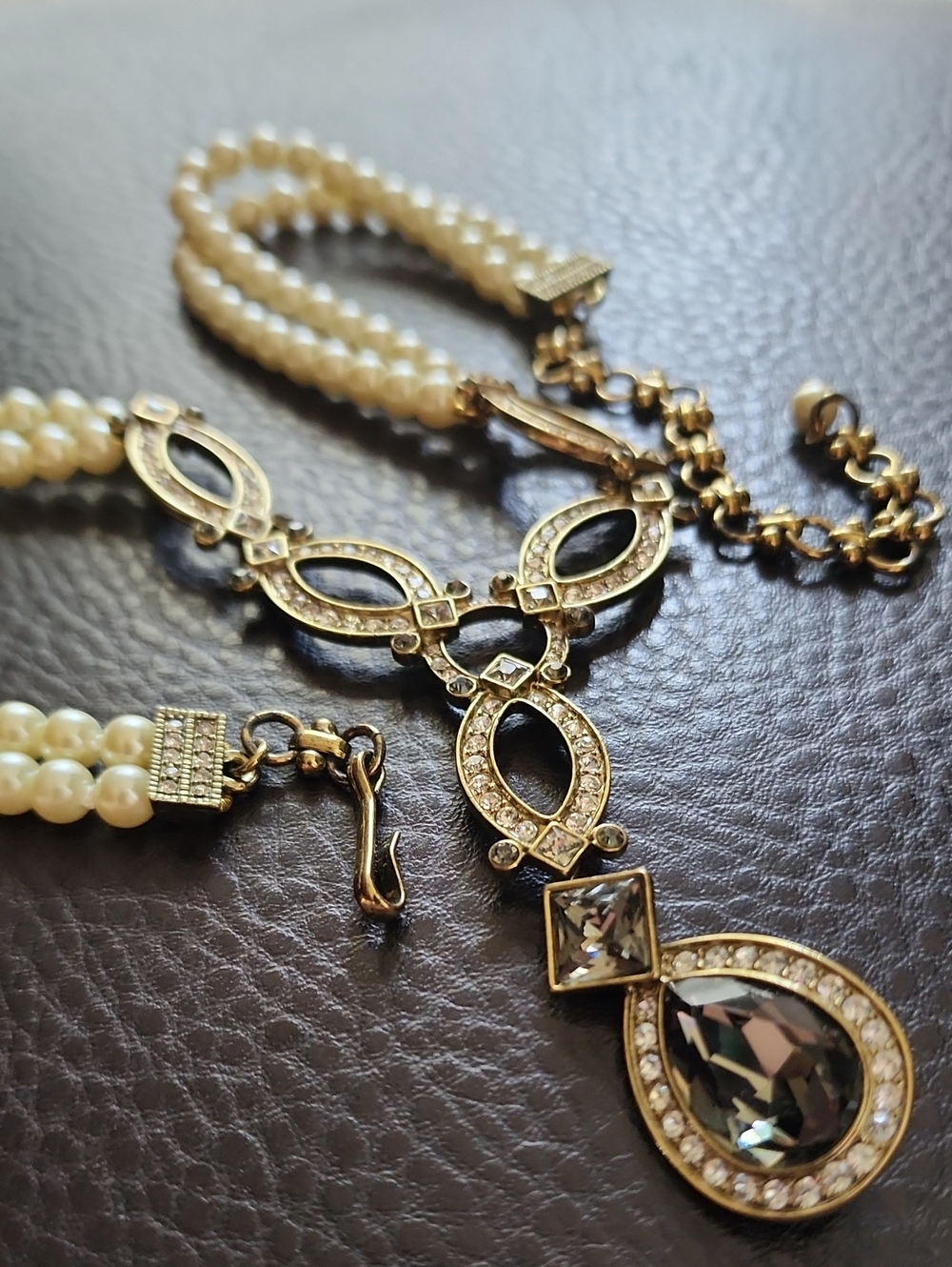 Heidi Daus Gold-Tone Pearl Drop Necklace with Smoky Crystal Pendant